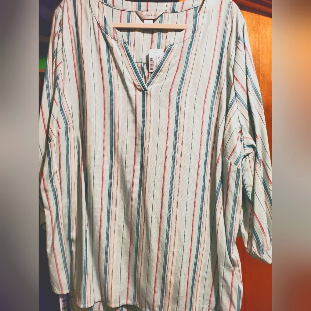 Women's Turquoise Stripped V-neck Lightweight Top Size 2XL New w/tags